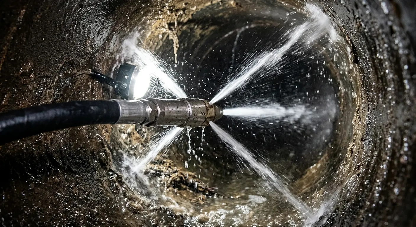 High-pressure hydro jetting nozzle cleaning sewer pipe for Sewer Cleanout in Concord