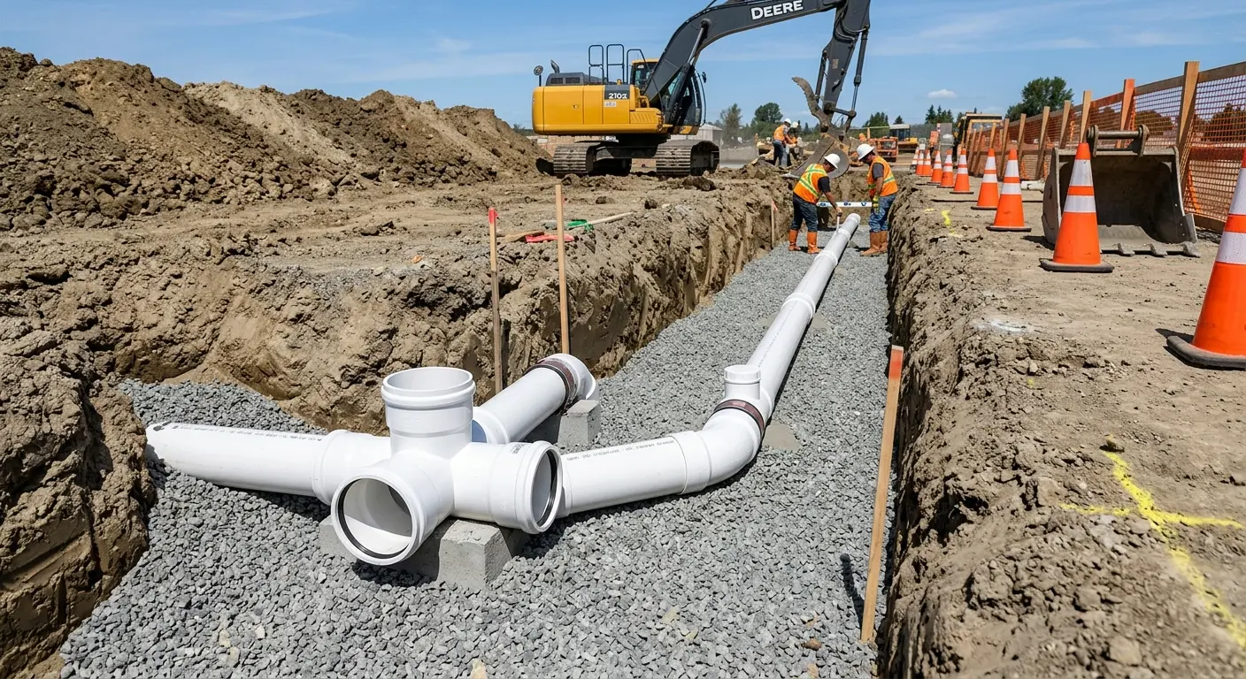 New PVC sewer pipe installation in open trench for Sewer Backup in Concord